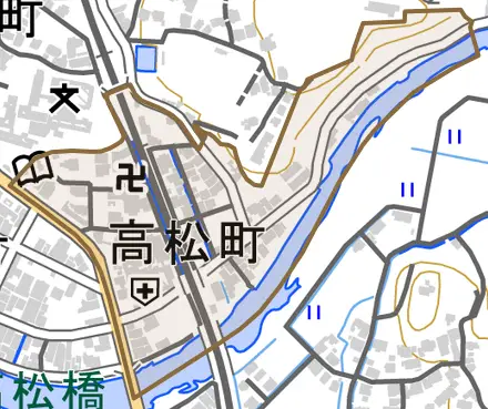 高松町とその周辺の地図。町の範囲を重ねている