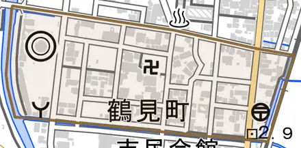 鶴見町とその周辺の地図。町の範囲を重ねている