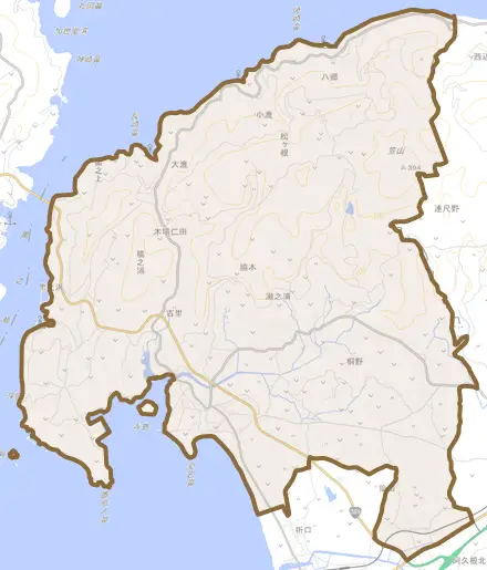 脇本とその周辺の地図。町の範囲を重ねている