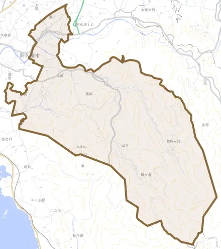 山下とその周辺の地図。町の範囲を重ねている