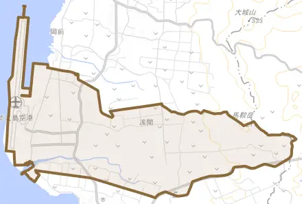 浅間とその周辺の地図。町の範囲を重ねている