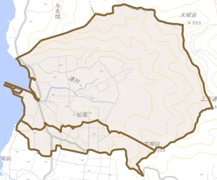 松原とその周辺の地図。町の範囲を重ねている