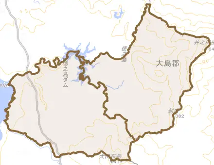 西阿木名とその周辺の地図。町の範囲を重ねている