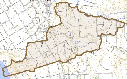 大津川とその周辺の地図。町の範囲を重ねている