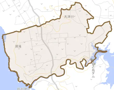 瀬滝とその周辺の地図。町の範囲を重ねている