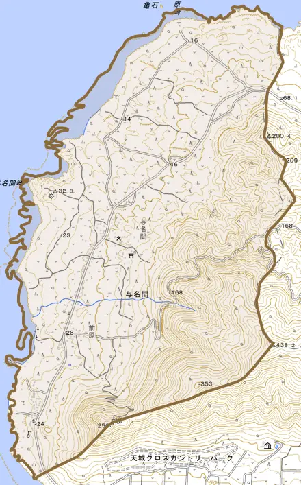 与名間とその周辺の地図。町の範囲を重ねている