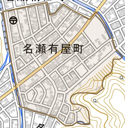 名瀬有屋町とその周辺の地図。町の範囲を重ねている