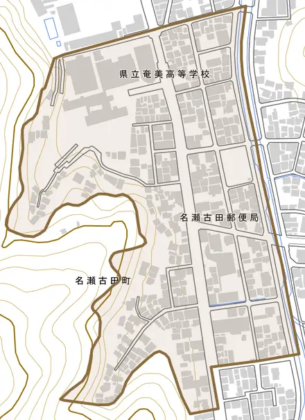 名瀬古田町とその周辺の地図。町の範囲を重ねている