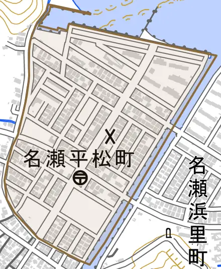 名瀬平松町とその周辺の地図。町の範囲を重ねている