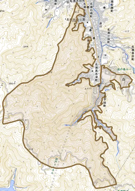 名瀬平田町とその周辺の地図。町の範囲を重ねている