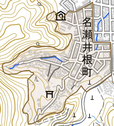 名瀬井根町とその周辺の地図。町の範囲を重ねている