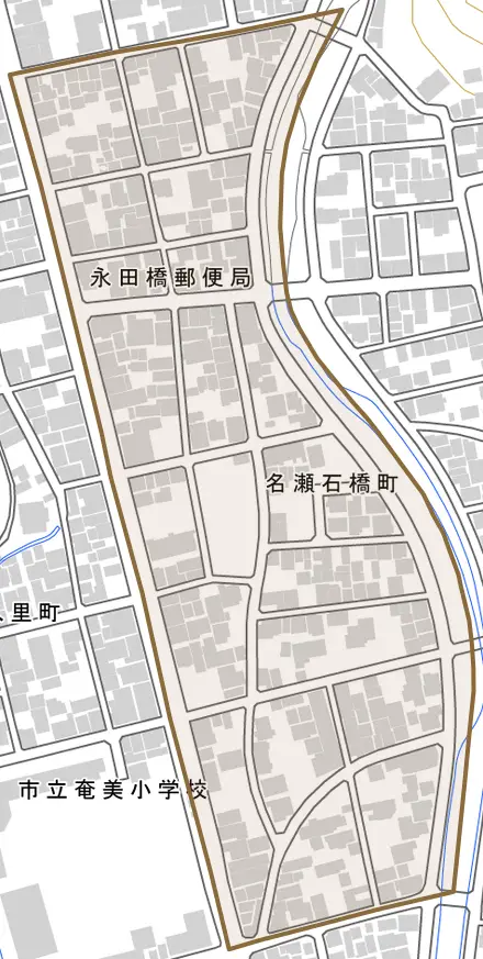 名瀬石橋町とその周辺の地図。町の範囲を重ねている