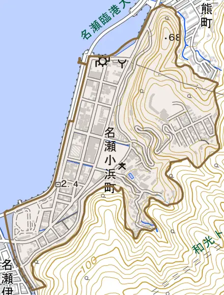 名瀬小浜町とその周辺の地図。町の範囲を重ねている