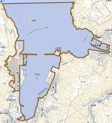 名瀬長浜町とその周辺の地図。町の範囲を重ねている