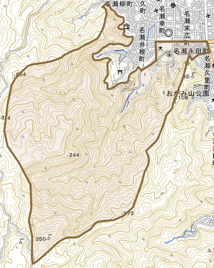 名瀬永田町とその周辺の地図。町の範囲を重ねている