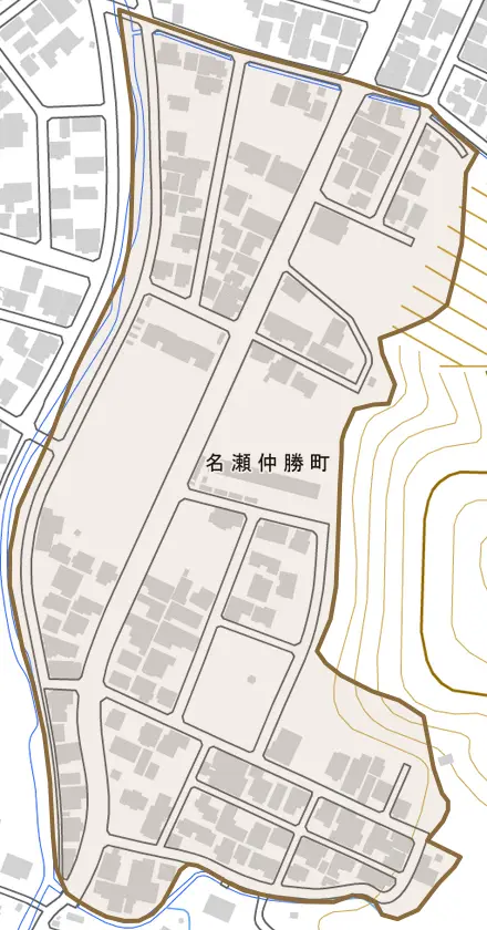 名瀬仲勝町とその周辺の地図。町の範囲を重ねている