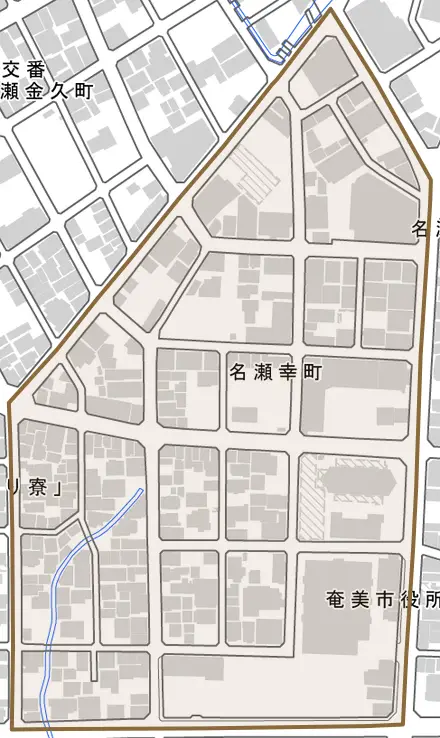 名瀬幸町とその周辺の地図。町の範囲を重ねている