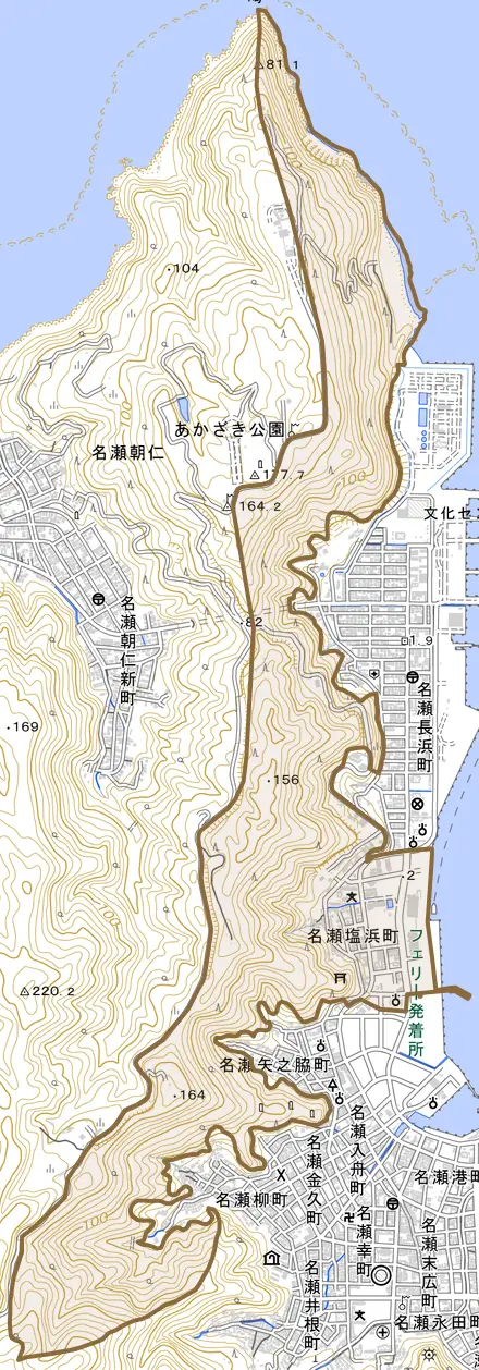 名瀬塩浜町とその周辺の地図。町の範囲を重ねている