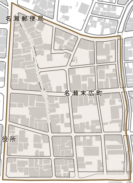 名瀬末広町とその周辺の地図。町の範囲を重ねている