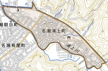 名瀬浦上町とその周辺の地図。町の範囲を重ねている