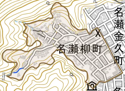 名瀬柳町とその周辺の地図。町の範囲を重ねている