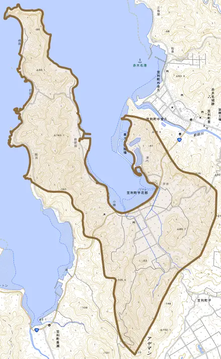 笠利町大字手花部とその周辺の地図。町の範囲を重ねている