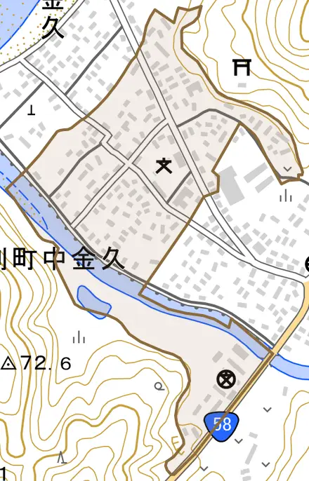 笠利町大字中金久とその周辺の地図。町の範囲を重ねている
