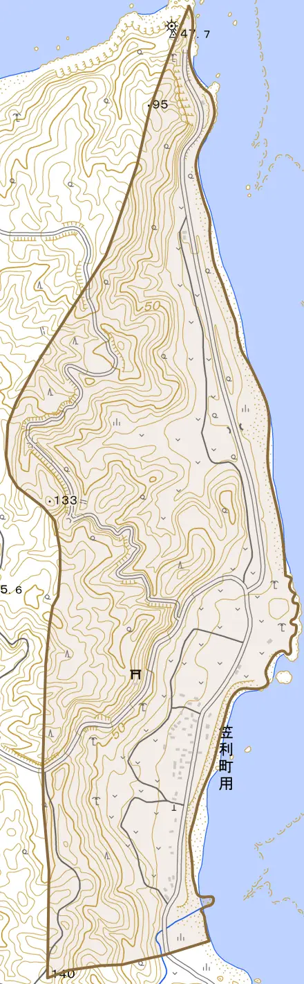 笠利町大字用とその周辺の地図。町の範囲を重ねている