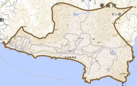 笠利町大字用安とその周辺の地図。町の範囲を重ねている