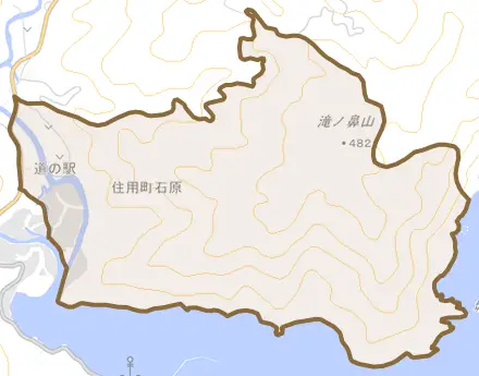 住用町大字石原とその周辺の地図。町の範囲を重ねている