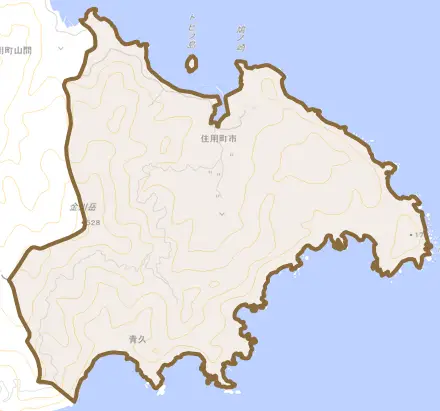 住用町大字市とその周辺の地図。町の範囲を重ねている