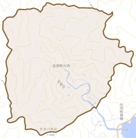 住用町大字川内とその周辺の地図。町の範囲を重ねている