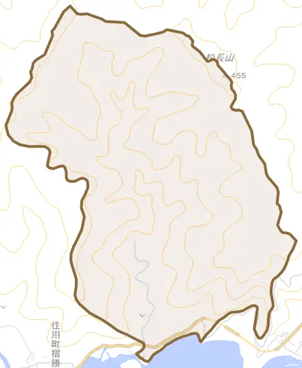 住用町大字城とその周辺の地図。町の範囲を重ねている