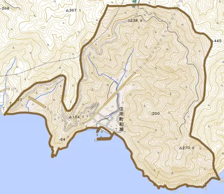 住用町大字和瀬とその周辺の地図。町の範囲を重ねている