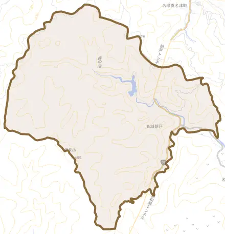 名瀬大字朝戸とその周辺の地図。町の範囲を重ねている