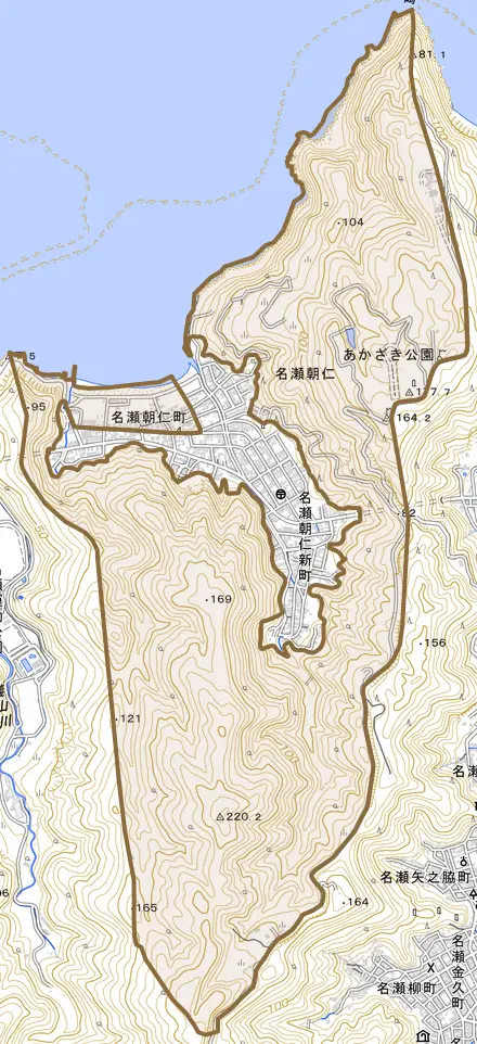名瀬大字朝仁とその周辺の地図。町の範囲を重ねている