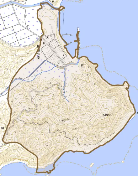 名瀬大字小湊とその周辺の地図。町の範囲を重ねている