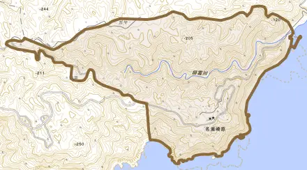 名瀬大字崎原とその周辺の地図。町の範囲を重ねている