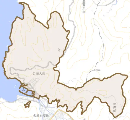 名瀬大字大熊とその周辺の地図。町の範囲を重ねている