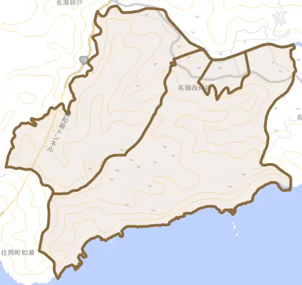 名瀬大字西仲勝とその周辺の地図。町の範囲を重ねている