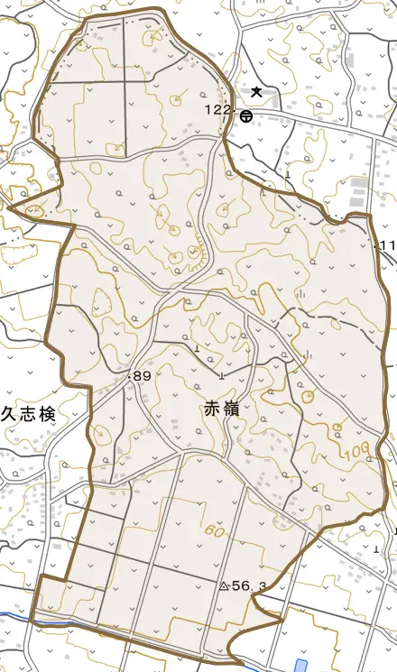 大字赤嶺とその周辺の地図。町の範囲を重ねている