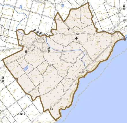 大字余多とその周辺の地図。町の範囲を重ねている