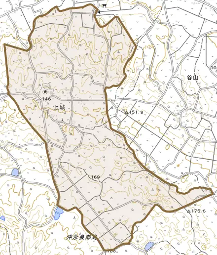 大字上城とその周辺の地図。町の範囲を重ねている