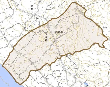大字大津勘とその周辺の地図。町の範囲を重ねている