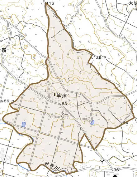 大字竿津とその周辺の地図。町の範囲を重ねている