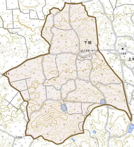 大字下城とその周辺の地図。町の範囲を重ねている