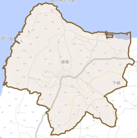 大字田皆とその周辺の地図。町の範囲を重ねている