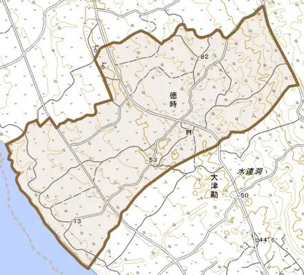 大字徳時とその周辺の地図。町の範囲を重ねている