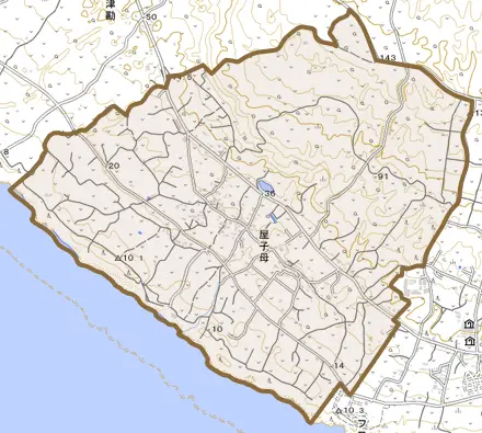 大字屋子母とその周辺の地図。町の範囲を重ねている
