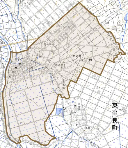 池之原とその周辺の地図。町の範囲を重ねている